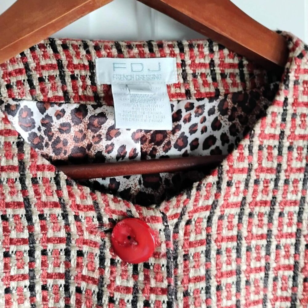 FDJ Tweed Collarless Blazer Plaid Leopard Lined Jacket - Picture 5 of 9